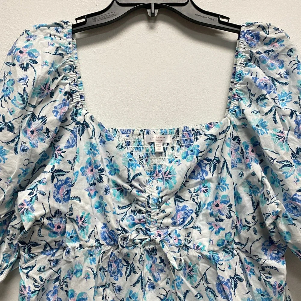 Lauren Conrad Milkmaid Floral Blouse Smocked Ruched Square Neck XXL Cottagecore - Picture 3 of 7